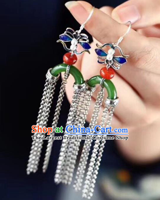 Handmade China Blueing Silver Butterfly Eardrop Jewelry Traditional Cheongsam Accessories National Jade Tassel Earrings