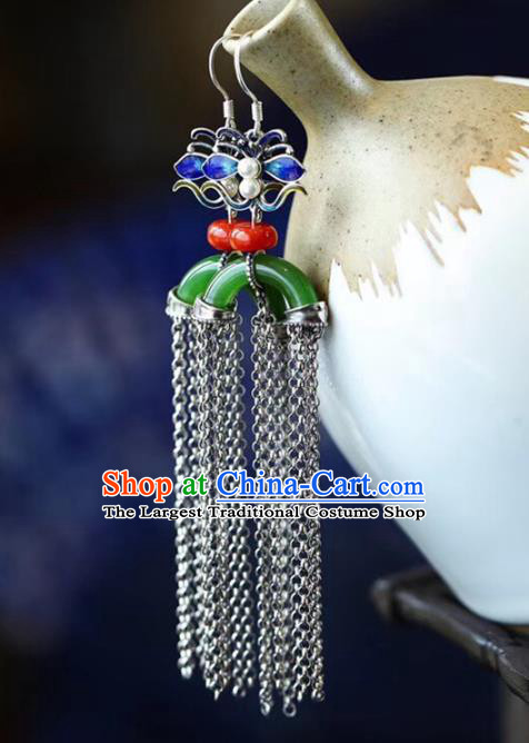 Handmade China Blueing Silver Butterfly Eardrop Jewelry Traditional Cheongsam Accessories National Jade Tassel Earrings