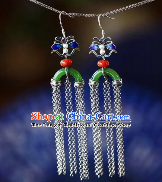 Handmade China Blueing Silver Butterfly Eardrop Jewelry Traditional Cheongsam Accessories National Jade Tassel Earrings