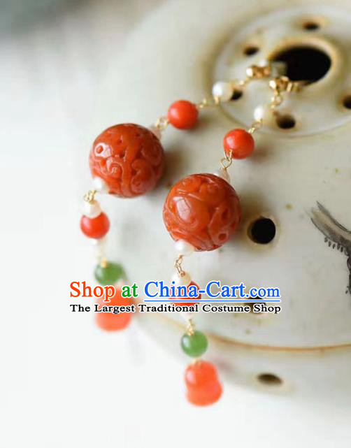 Handmade China National Agate Earrings Traditional Pearls Accessories Cheongsam Eardrop Jewelry