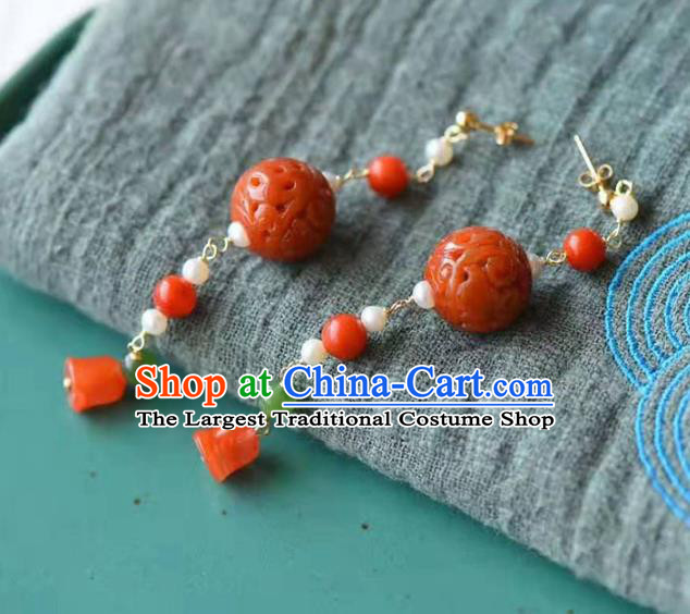 Handmade China National Agate Earrings Traditional Pearls Accessories Cheongsam Eardrop Jewelry