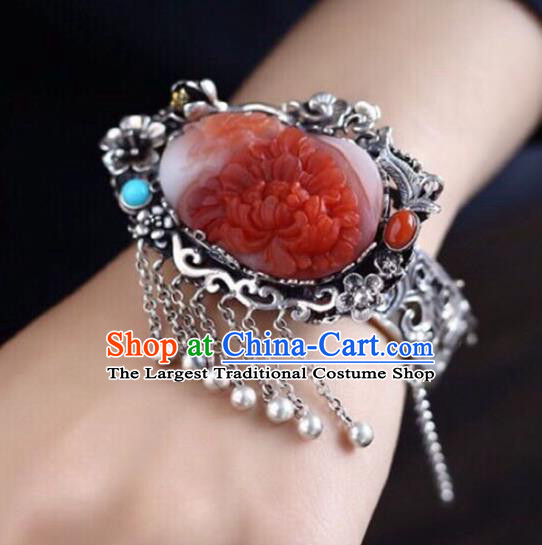China Handmade Red Jade Carving Peony Bracelet Traditional Jewelry Accessories National Silver Plum Bangle