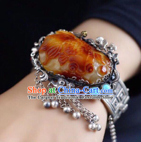 China Handmade Beeswax Carving Goldfish Bracelet Traditional Jewelry Accessories National Silver Tassel Bangle