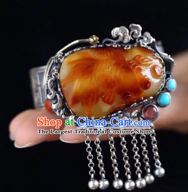 China Handmade Beeswax Carving Goldfish Bracelet Traditional Jewelry Accessories National Silver Tassel Bangle