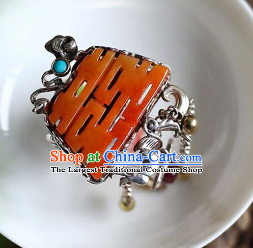 Chinese National Wedding Circlet Jewelry Traditional Handmade Jade Accessories Silver Tassel Ring