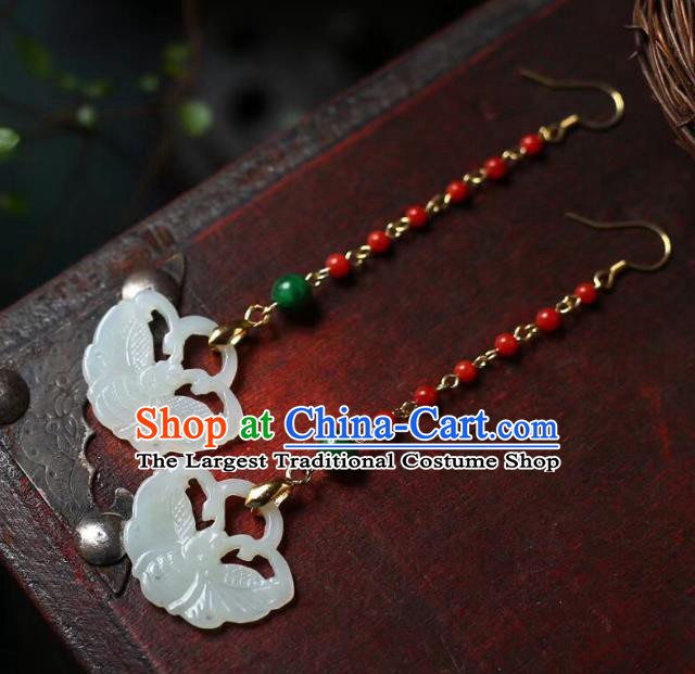 Handmade China Wedding Red Beads Eardrop Jewelry Traditional Accessories National Cheongsam Jade Butterfly Earrings