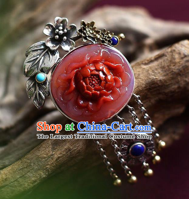 Chinese National Jade Ring Wedding Circlet Jewelry Traditional Handmade Carving Red Peony Accessories