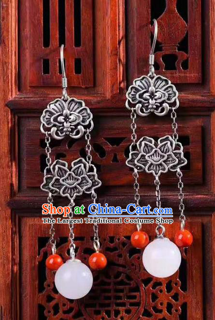 Handmade China Silver Eardrop Jewelry Traditional Cheongsam Accessories National Hetian Jade Earrings