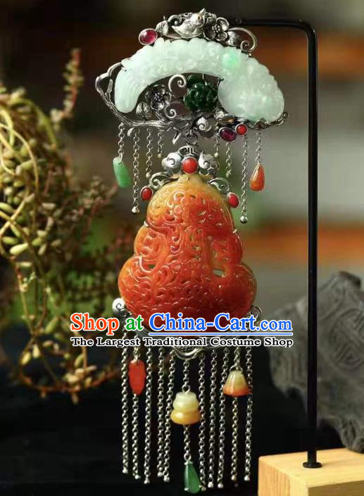 Chinese Handmade Silver Tassel Accessories National Jadeite Necklet Classical Jade Carving Gourd Necklace Pendant