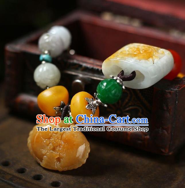 China Handmade White Jade Beads Bracelet Traditional Jewelry Accessories National Beeswax Silver Bangle