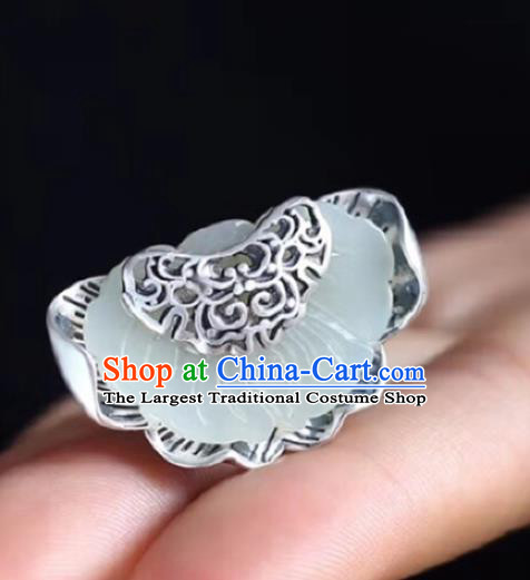 Chinese Handmade Silver Circlet Accessories Traditional National Jade Lotus Ring