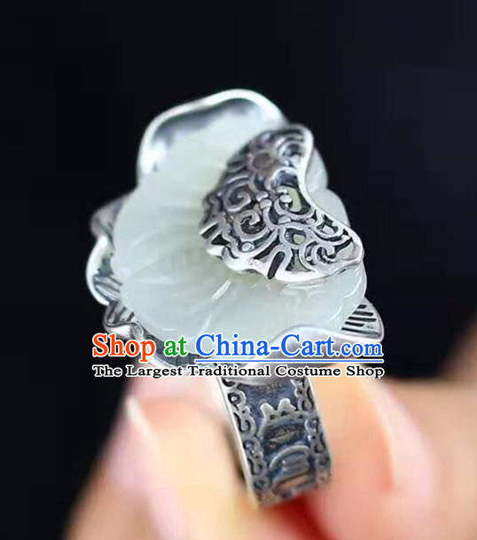 Chinese Handmade Silver Circlet Accessories Traditional National Jade Lotus Ring