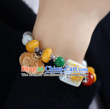 China Handmade White Jade Beads Bracelet Traditional Jewelry Accessories National Beeswax Silver Bangle