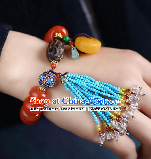 China Handmade Red Bracelet Traditional Lapis Jewelry Accessories National Blue Beads Tassel Bangle