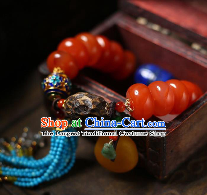 China Handmade Red Bracelet Traditional Lapis Jewelry Accessories National Blue Beads Tassel Bangle