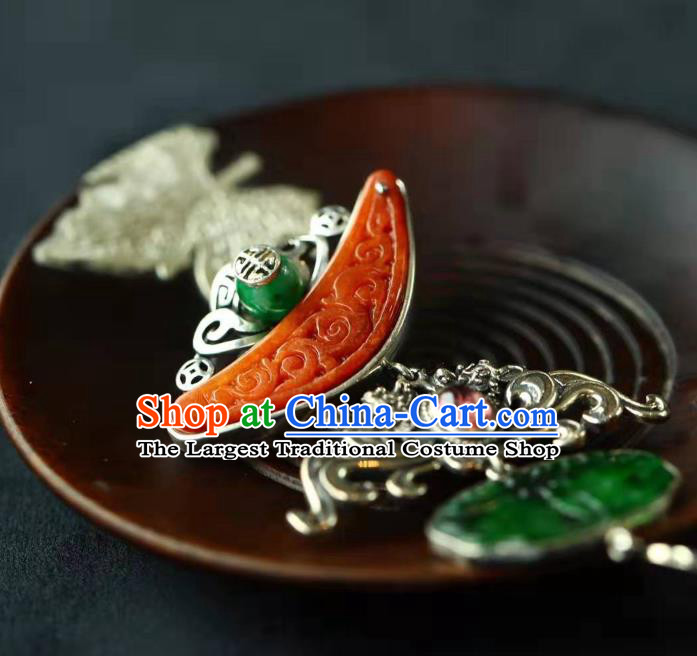 Chinese Handmade Silver Brooch Accessories Traditional National Jade Pendant