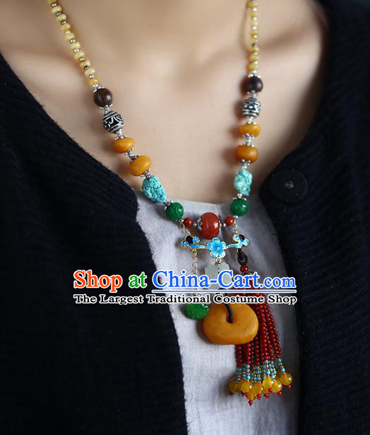 Chinese Handmade Garnet Beads Tassel Necklet National Classical Kallaite Necklace Beeswax Accessories