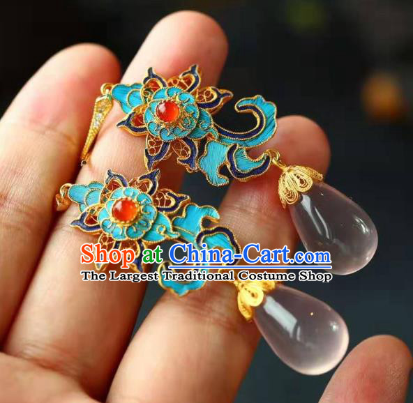 Handmade China Cloisonne Lotus Eardrop Jewelry Traditional Cheongsam Accessories National Rose Quartz Earrings