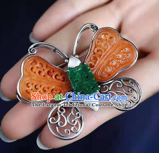 Chinese Handmade Yellow Jade Butterfly Brooch Accessories Traditional Silver Jewelry Breastpin Pendant