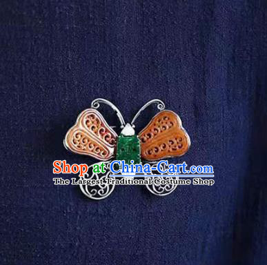 Chinese Handmade Yellow Jade Butterfly Brooch Accessories Traditional Silver Jewelry Breastpin Pendant