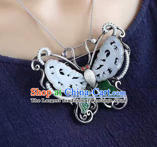 Chinese Handmade Butterfly Breastpin Pendant White Jade Brooch Accessories Traditional Silver Jewelry