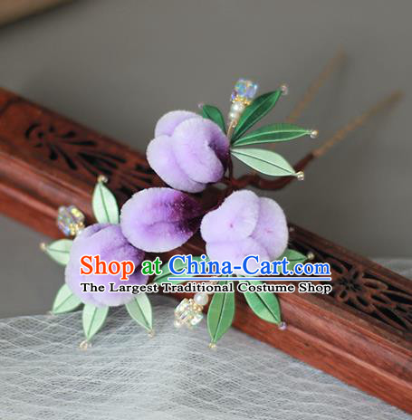 Chinese Qing Dynasty Hairpin Ancient Princess Purple Velvet Flowers Hair Stick Traditional Hair Accessories