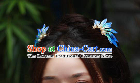 Chinese Traditional Ming Dynasty Hair Stick Ancient Princess Blue Silk Hairpin