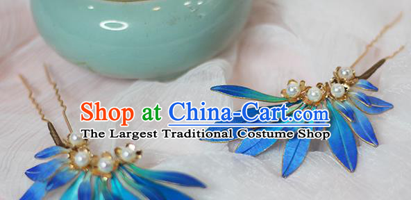 Chinese Traditional Ming Dynasty Hair Stick Ancient Princess Blue Silk Hairpin