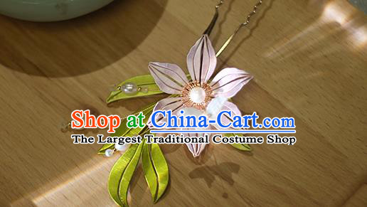 Chinese Ancient Court Lady Hair Stick Traditional Qing Dynasty Pink Silk Lily Flower Hairpin