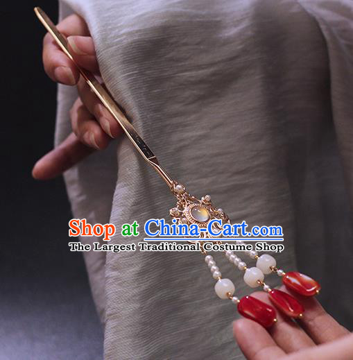 Chinese Ancient Palace Lady Hair Accessories Traditional Ming Dynasty Hanfu Jade Tassel Hairpin
