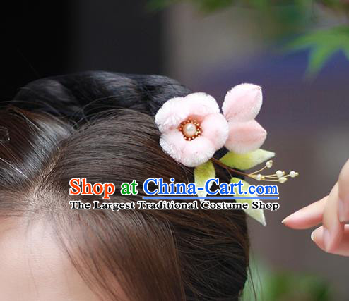 Chinese Traditional Pink Velvet Plum Blossom Hair Stick Hanfu Pearl Hairpin