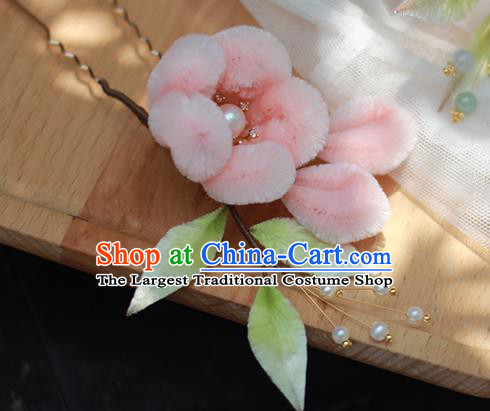 Chinese Traditional Pink Velvet Plum Blossom Hair Stick Hanfu Pearl Hairpin