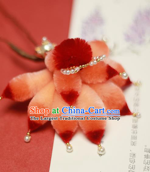 Chinese Handmade Classical Red Velvet Fox Tail Hairpin Traditional Hair Accessories Hanfu Pearls Hair Stick