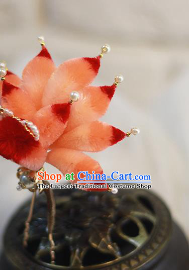 Chinese Handmade Classical Red Velvet Fox Tail Hairpin Traditional Hair Accessories Hanfu Pearls Hair Stick