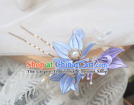 Chinese Classical Pearls Hairpin Handmade Hair Accessories Traditional Violet Silk Lily Flower Hair Stick