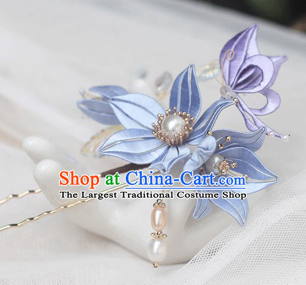 Chinese Classical Pearls Hairpin Handmade Hair Accessories Traditional Violet Silk Lily Flower Hair Stick