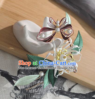 Chinese Traditional Silk Butterfly Flower Hairpin Handmade Hair Accessories Classical Pearls Hair Stick