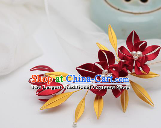 Chinese Traditional Song Dynasty Palace Lady Hairpin Handmade Ancient Princess Red Silk Hair Stick