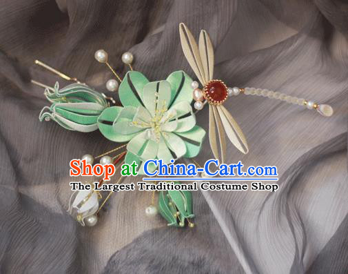 Chinese Ancient Palace Lady Hairpin Traditional Song Dynasty Headpiece Handmade Green Silk Lotus Dragonfly Hair Stick