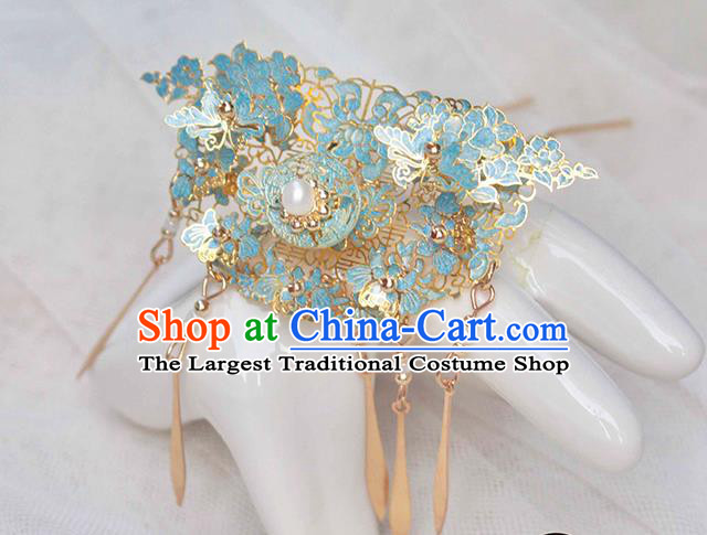 Chinese Handmade Enamel Hairpin Ancient Qing Dynasty Palace Lady Tassel Hair Stick