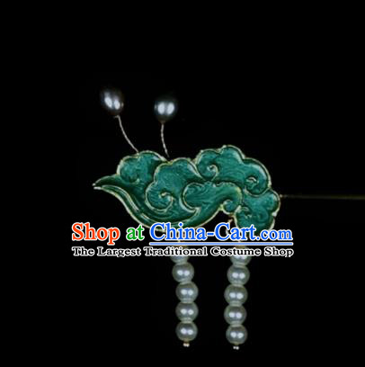 Chinese Traditional Cloisonne Cloud Hairpin Ancient Qing Dynasty Princess Pearls Tassel Green Hair Stick
