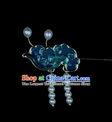 Chinese Ancient Qing Dynasty Princess Pearls Tassel Blue Hair Stick Traditional Cloisonne Cloud Hairpin