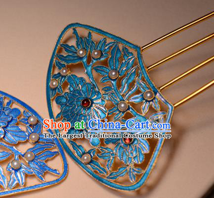 Chinese Traditional Qing Dynasty Garnet Pearls Hairpin Ancient Empress Cloisonne Peony Hair Comb
