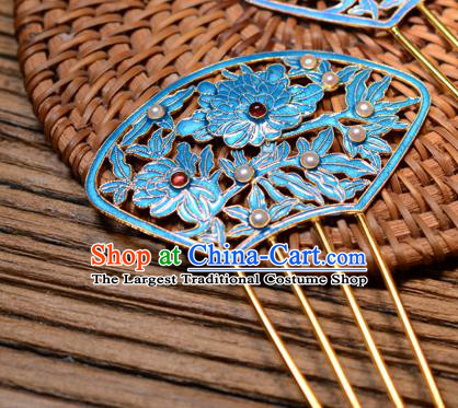Chinese Traditional Qing Dynasty Garnet Pearls Hairpin Ancient Empress Cloisonne Peony Hair Comb