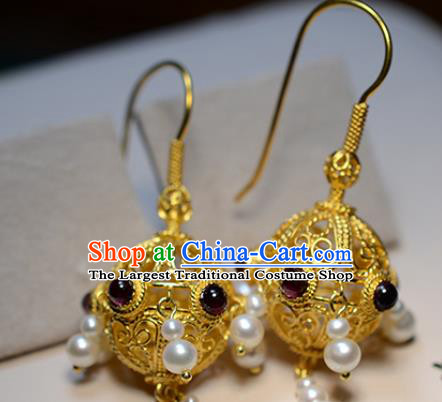 Chinese Ancient Court Golden Lantern Ear Jewelry Traditional Tang Dynasty Garnet Earrings Accessories