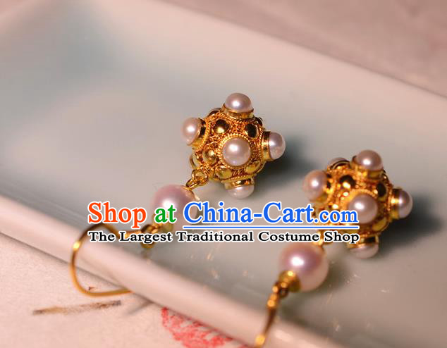 Chinese Ancient Court Princess Golden Ear Jewelry Traditional Tang Dynasty Pearls Earrings Accessories