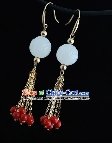 Handmade Chinese Hetian Jade Eardrop Classical Cheongsam Earrings Accessories Traditional Red Beads Tassel Ear Jewelry