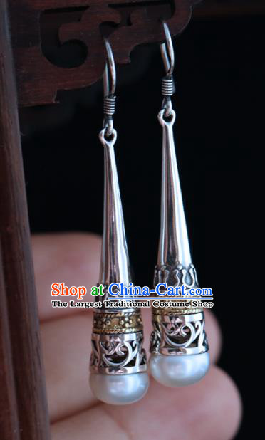 Handmade Chinese Pearl Eardrop Classical Cheongsam Earrings Accessories Traditional Silver Ear Jewelry