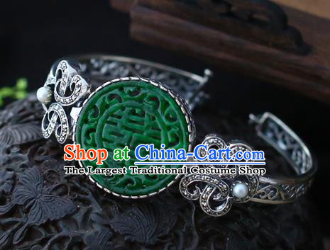 China Traditional Silver Bracelet Classical Cheongsam Jade Wristlet Bangle Jewelry Accessories