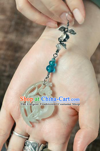 Handmade Chinese Traditional Ear Jewelry Classical Cheongsam Silver Orchid Earrings Accessories Jade Eardrop